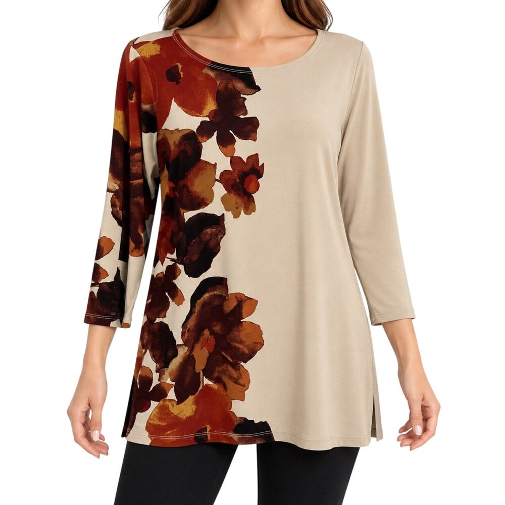 Susan Graver Sz Large Beige Brown Stretchy Blouse Shirt Top Fall Thanksgiving